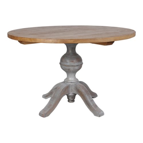 COMMUNITY WOODEN TABLE with round 4 cm thick wooden tabletop and a turned foot frame. Find it on MisterWils. More than 4000sqm of showroom and warehouse.