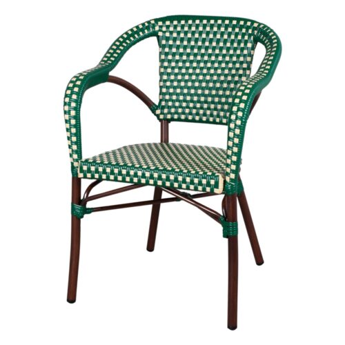 MINARET OUTDOOR CHAIR Bistro style, frame made of aluminium imitating bamboo, seat and backrest made of synthetic rattan. Find it on MisterWils.