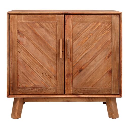 ODUM Aparador estilo rústico fabricado en madera de pino reciclada con dos puertas abatibles con diseño geométrico en espiga. Encuéntralo en MisterWils.