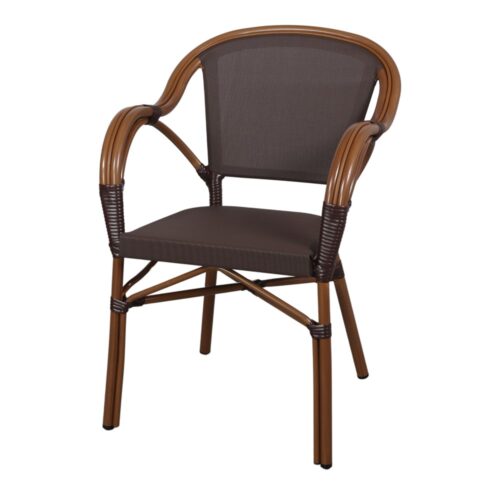 TENDER OUTDOOR CHAIR Bistro style, made of aluminium and upholstered in textilene. Find it on MisterWils. More than 4000 sqm of showroom and warehouse.
