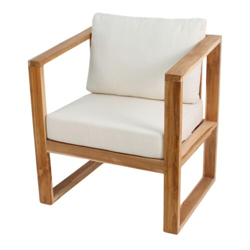 BOREL WOODEN ARMCHAIR WITH CUSHIONS Rustic style, made of solid teak wood. Find it on MisterWils. More than 4000sqm of showroom and warehouse. 3/4